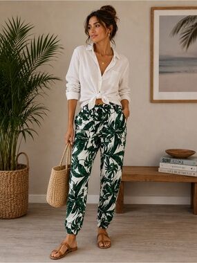 H&M White Joggers with Green Tropical Leaf Print